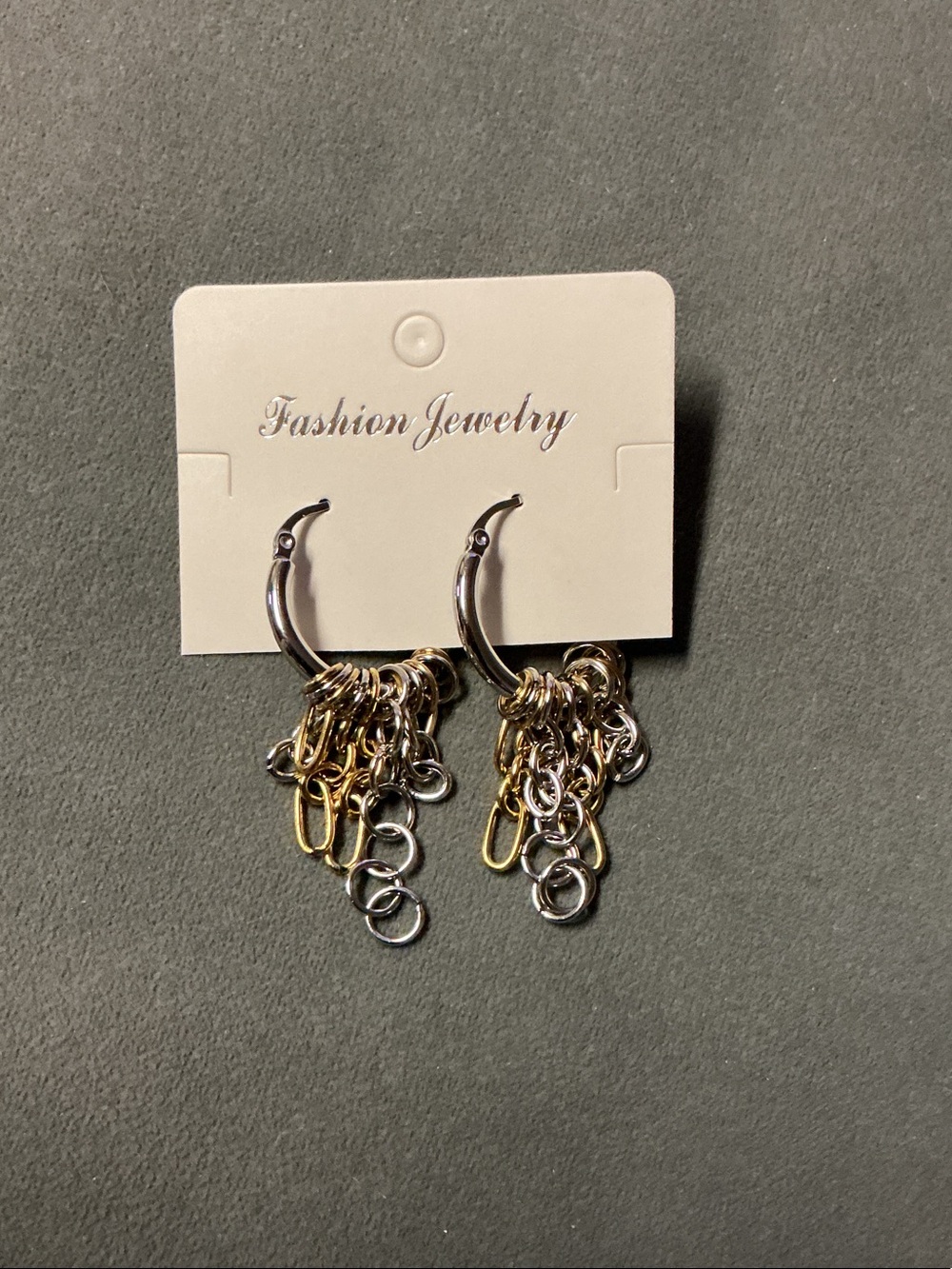 Stainless Steel Mixed Metal Chain Drop Hoop Earrings - Gold & Silver